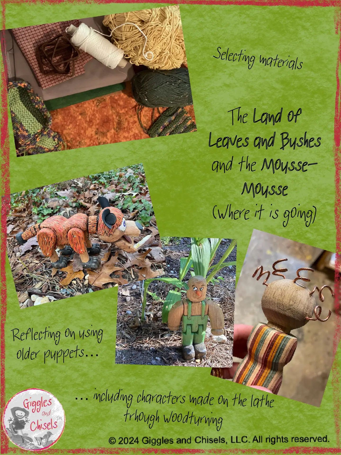 A collage of materials in nature-related colors, showing a work in progress towards making another wooden puppet