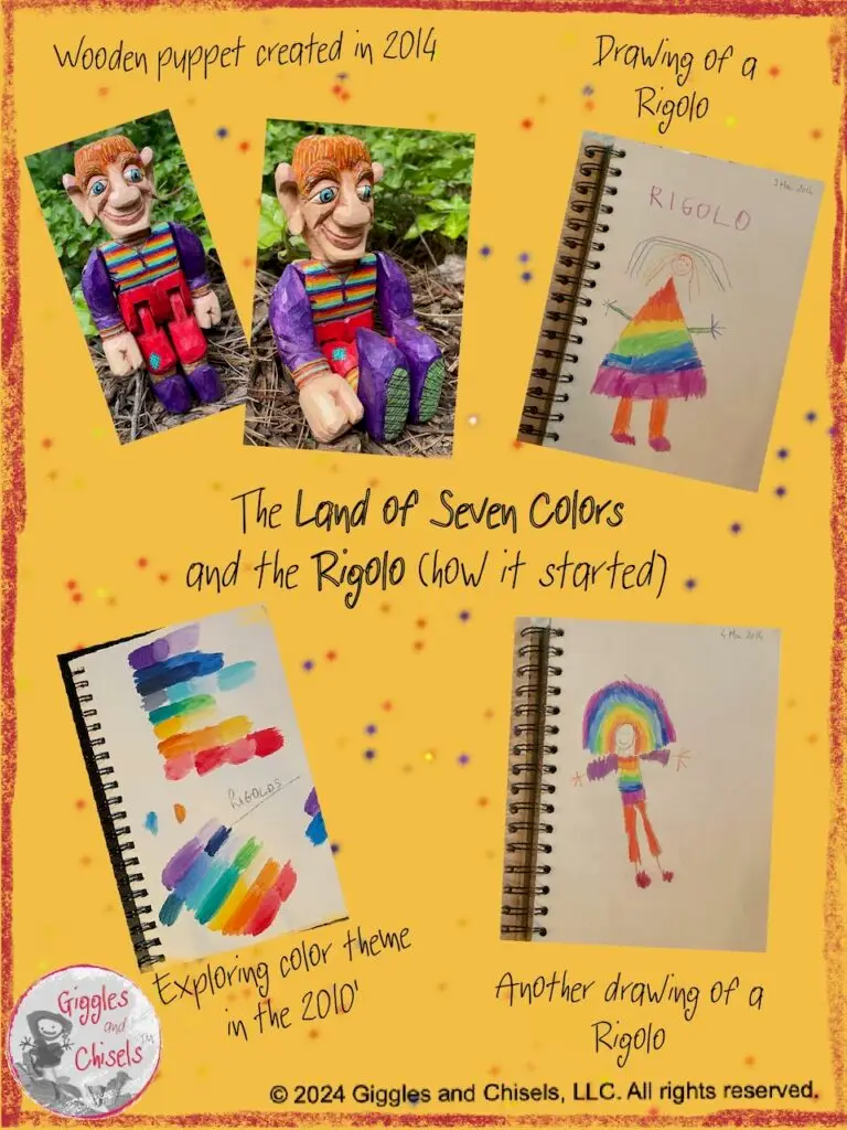 A collage of drawings from a young child, in rainbow colors, and a wooden puppet, in rainbow colors as well