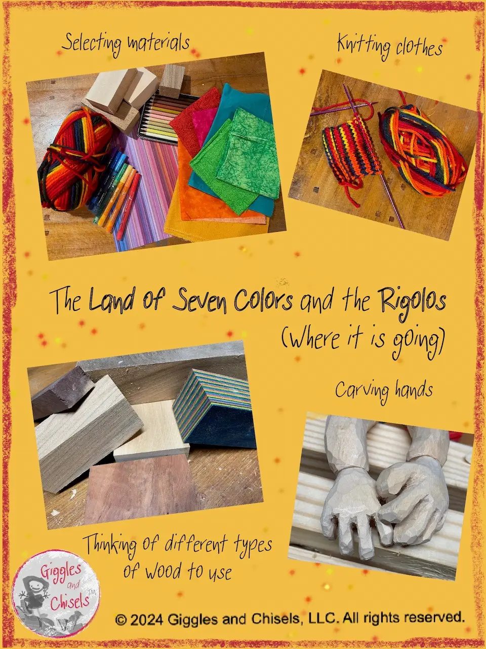 A collage showing the work in progress to create a wooden puppet in rainbow colors