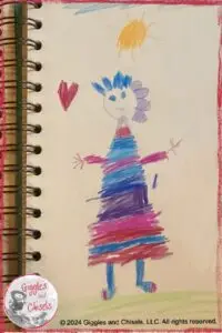 A child's drawing, with a person in blue, purple and dark pink