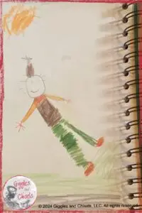 A child's drawing, with a person in nature-related colors