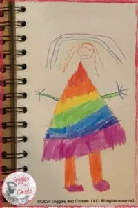 A child's drawing, with a person in rainbow color