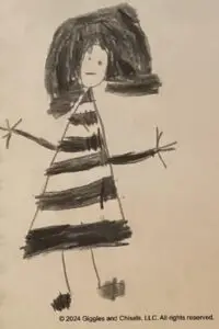 The picture of a child's drawing, representing a person in black and white