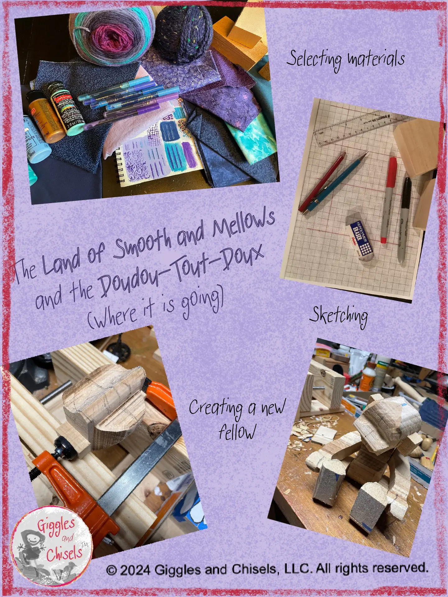 A collage, showing the work in progress towards the creating of a new wooden puppet in blue and purple