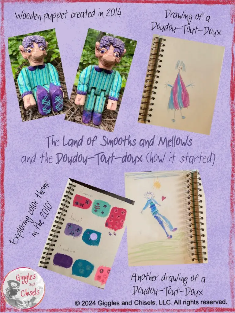 A collage, showing pictures of a wooden puppet in blue and purple, drawing of a character in blue and purple, and paint sample in the same tones.