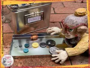 Madame Rigolotte, a colorful wooden puppet, on the ground, organizing buttons by size