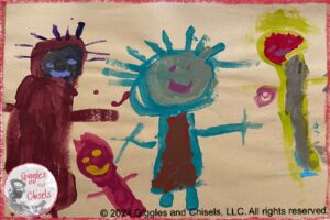 A painting made by a young child, presenting four colorful people