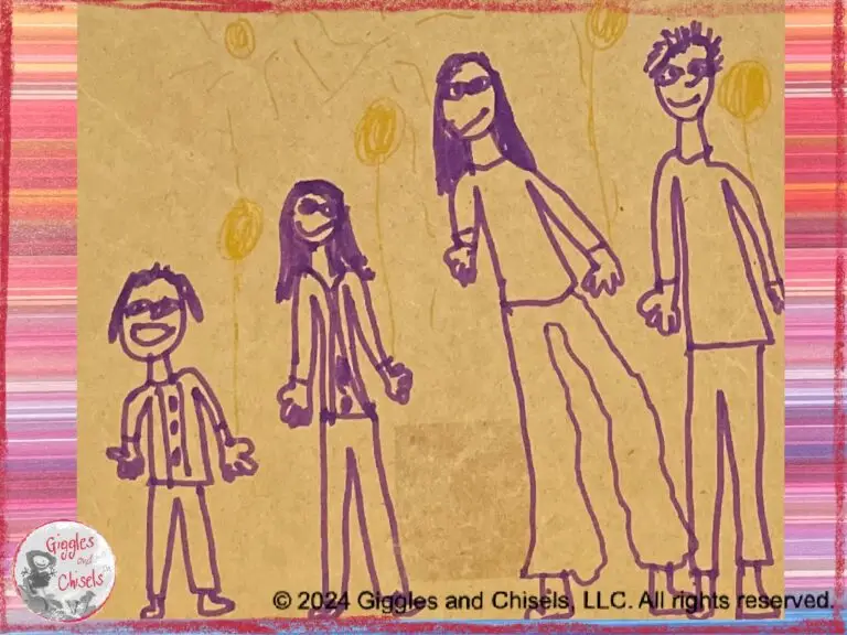 A drawing of a 6-year old child, representing their family of four.