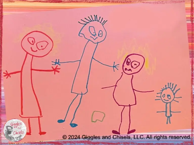 A drawing of a 3-year old child, representing their family of four.