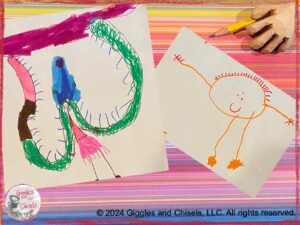 A collage with two drawings made by a young child, with different types of hair