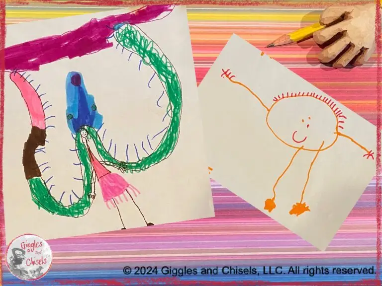 A collage with two drawings made by a young child, with different types of hair