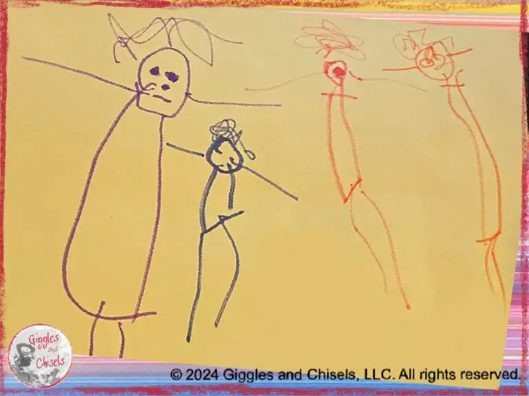 A drawing of a 3-year old child, representing their family of four.