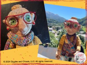 Two pictures of Mme Rigolotte, a colorful wooden puppet. She has red glasses, red earrings, green eyes, and a colorful scarf