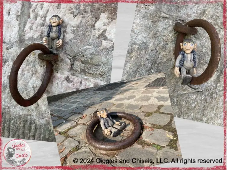 A collage of three pictures of Maurice, a wooden puppet in grey tone, on the top of, across, and inside a mooring ring.
