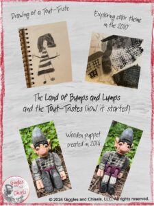 A collage showing a child's drawing, representing a person in white and black, and a wooden puppet in grey colors.
