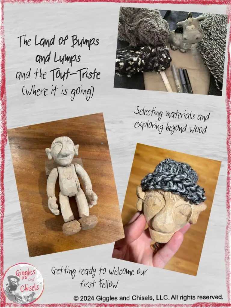 A collage, showing the progress made on the creation of a new wooden puppet, in grey colors