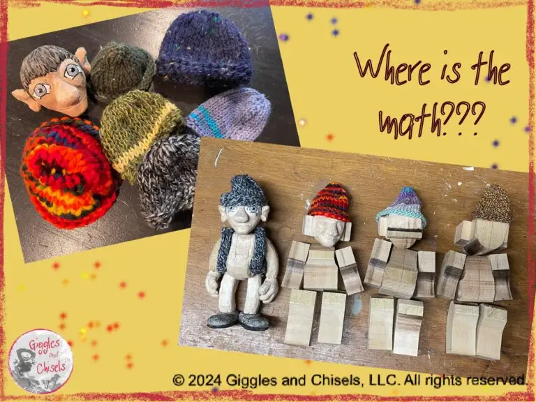 A collage of two pictures, showing four wooden puppets as a work in progress, inviting the reader to reflect on where the math can be