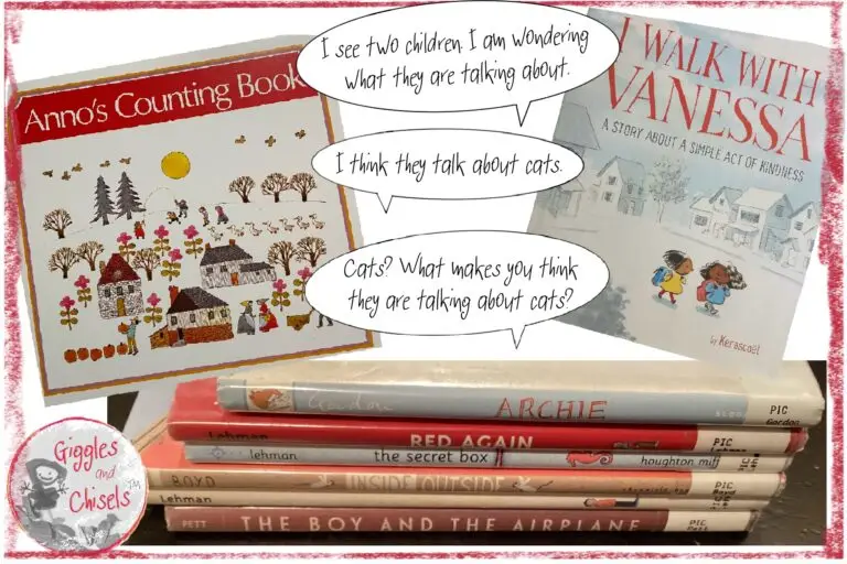 A collage with a pile of wordless picturebooks and the example of an exchange between a young child and an older reader