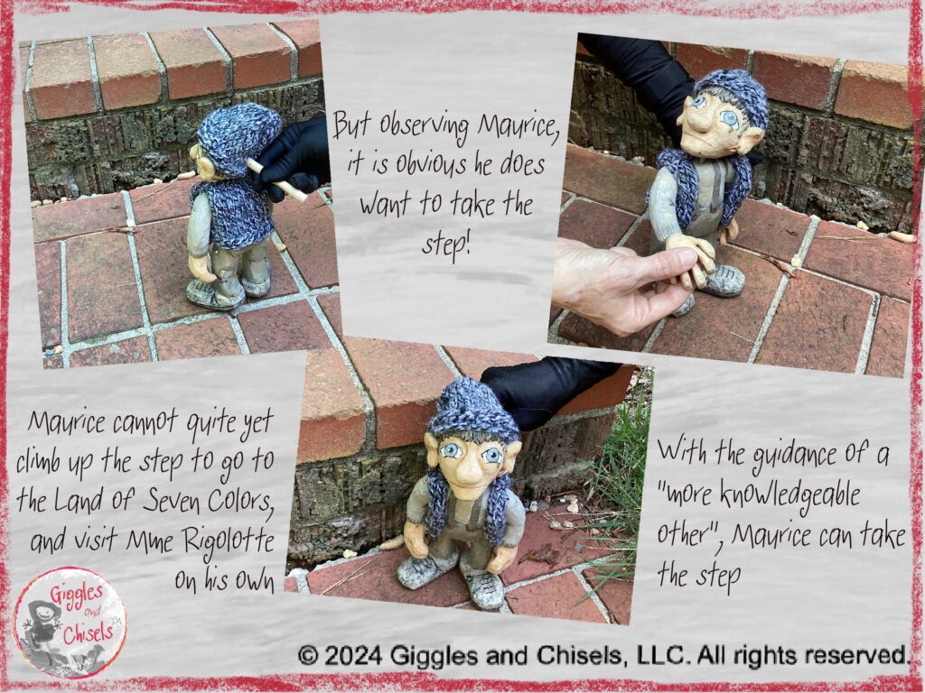 A collage of three pictures, showing Maurice, a wooden puppet, wondering how to climb up a step. The text says Maurice cannot quite yet climb up the step to go to the Land of Seven Colors. But observing Maurice, it is obvious he does want to take the step! With the guidance of a "more knowledgeable other", Maurice can take the step