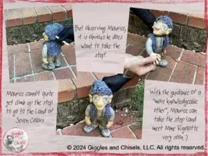 A collage of three pictures, showing Maurice, a wooden puppet, wondering how to climb up a step. The text says Maurice cannot quite yet climb up the step to go to the Land of Seven Colors. But observing Maurice, it is obvious he does want to take the step! With the guidance of a "more knowledgeable other", Maurice can take the step (and meet Mme Rigolotte very soon).