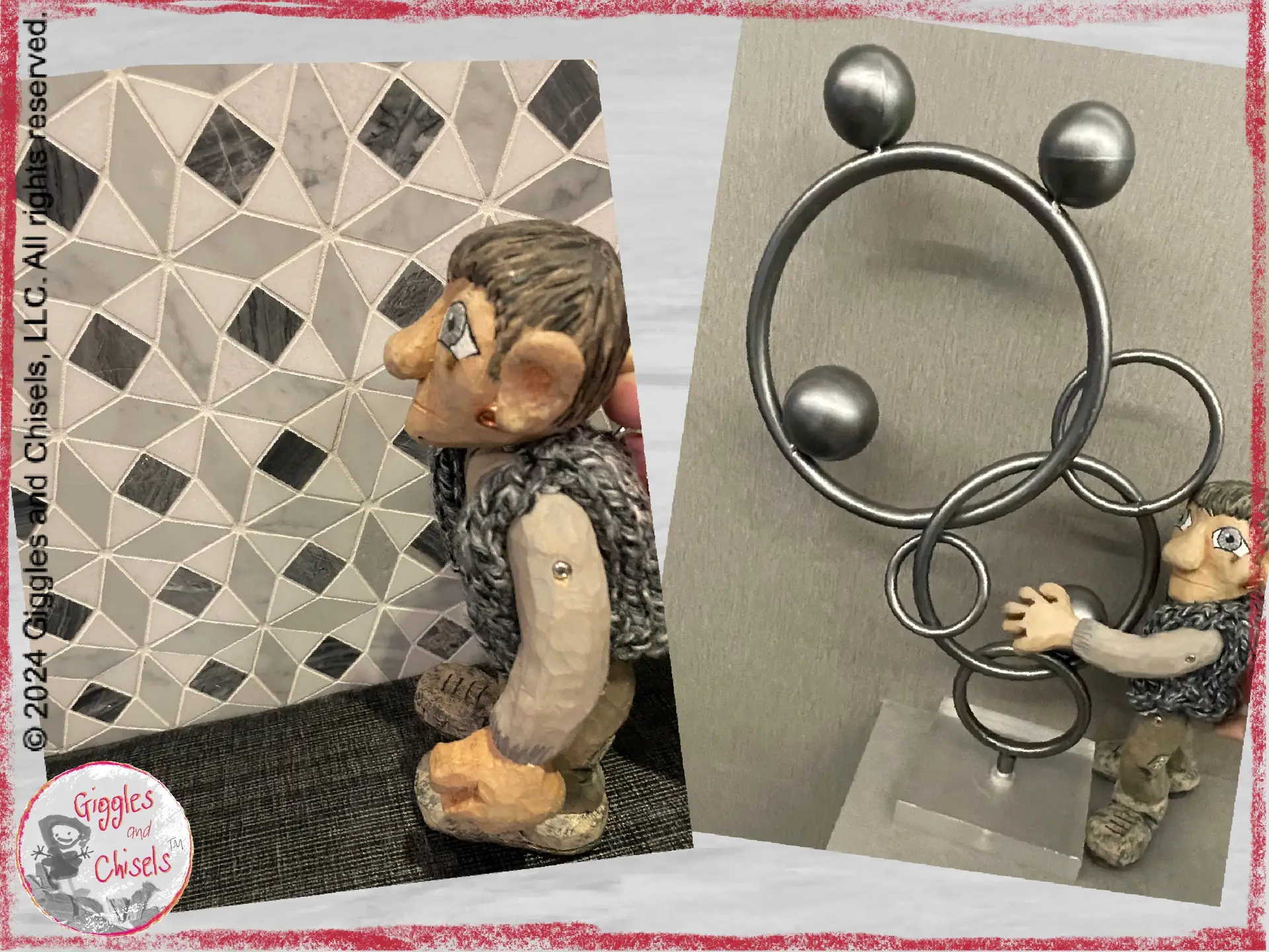 Two pictures of Maurice, a wooden puppet, noticing patterns on tiles, and on a piece of art