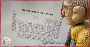 Picture of Madame Rigolotte, a wooden puppet, looking at a periodic table.