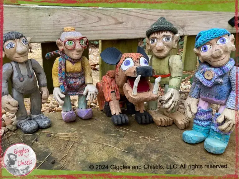 Five wooden puppets, Maurice, in grey shades, colorful Madame Rigolotte, Petite Clothilde in purple, pink and blue shades, in green shades, Pierre Qui Roule, and Boule de Poil