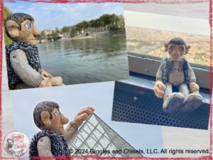 A collage of three pictures of Maurice, a wooden puppet, looking over a river, at the top of the Eiffel tower, or "holding" the Louvre Pyramid