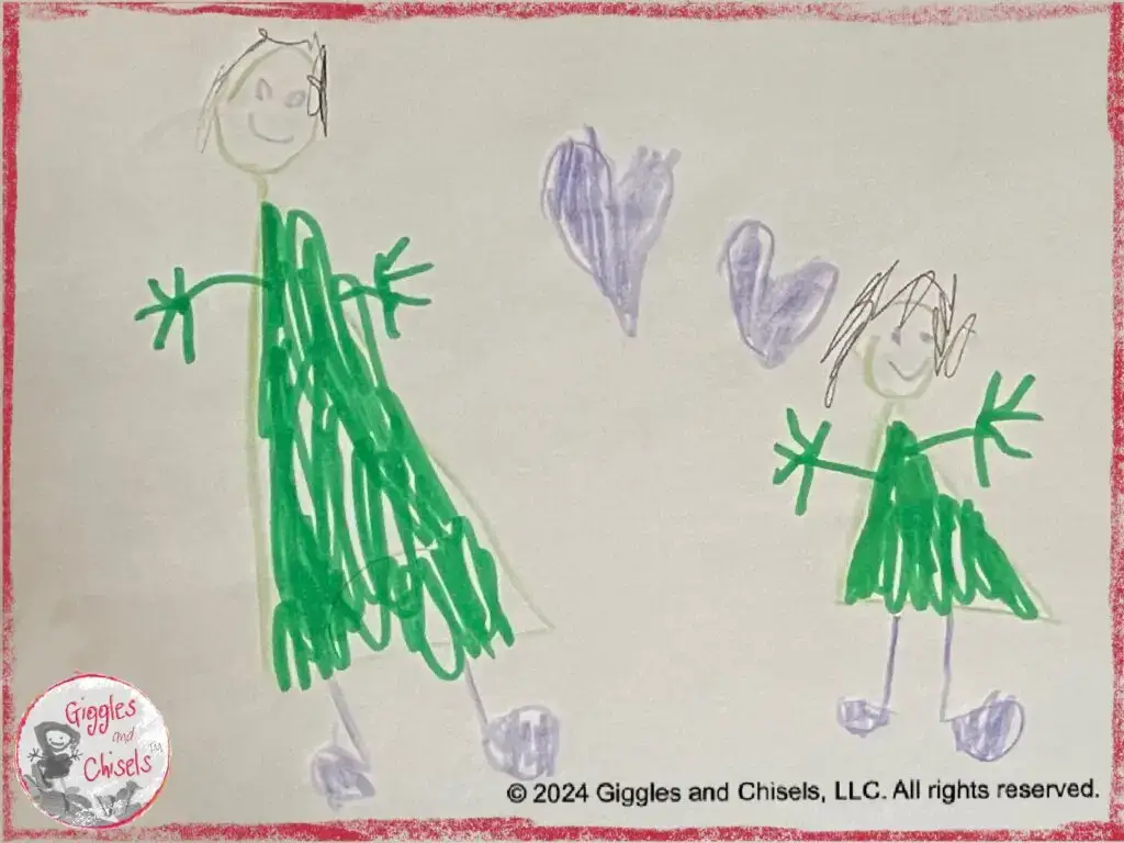 A drawing of a young child and her mom