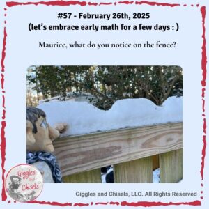 A picture of a wooden puppet, looking at a fence covered with snow