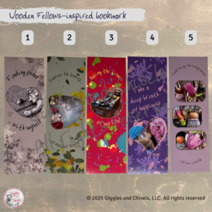 A picture of a set of 5 bookmarks inspired by the wooden Fellows