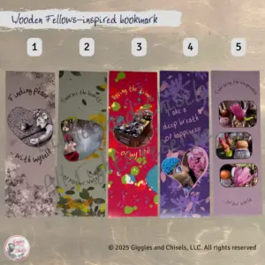 A picture of a set of 5 bookmarks inspired by the wooden Fellows