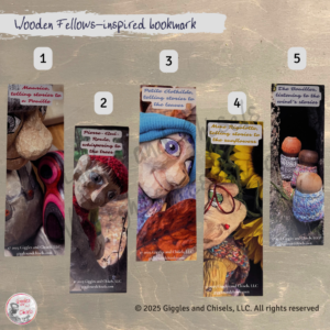 A picture of a set of 5 bookmarks inspired by the wooden Fellows