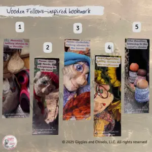 A picture of a set of 5 bookmarks inspired by the wooden Fellows