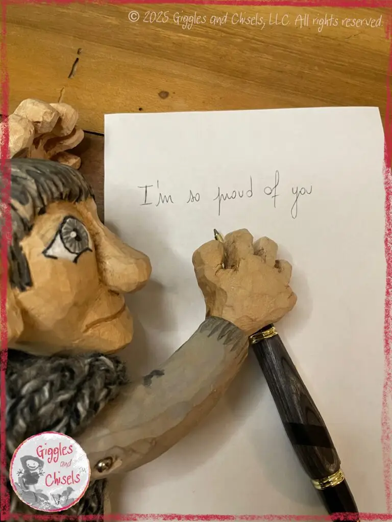 Maurice, a wooden puppet, writing a letter