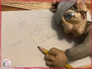 Maurice, a wooden puppet, writing items in and out of a circle
