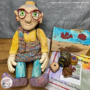 Mme Rigolotte, a colorful wooden puppet.