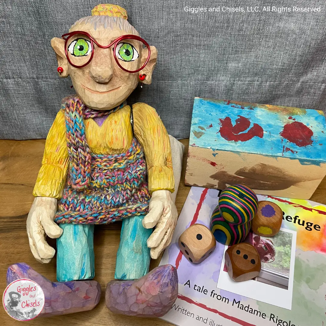 Mme Rigolotte, a colorful wooden puppet.