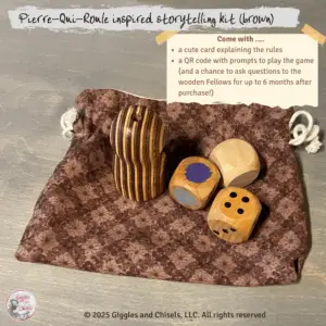 A story telling kit with a lathe-turned creature, and 3 dices