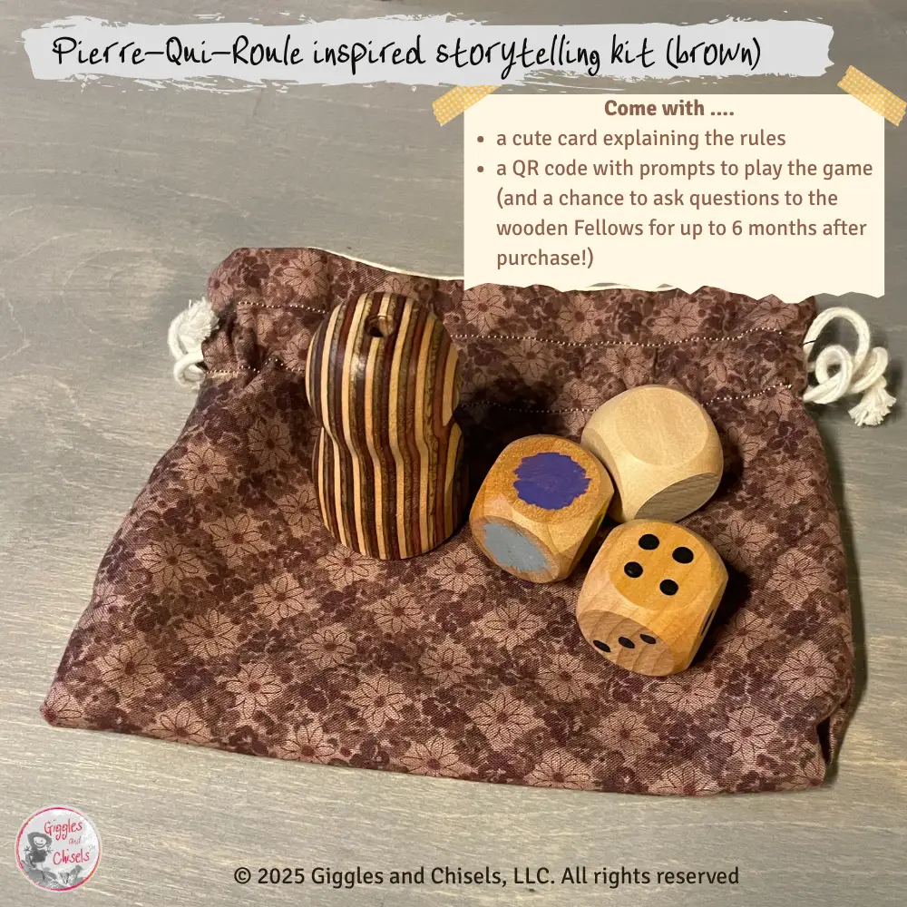 A story telling kit with a lathe-turned creature, and 3 dices