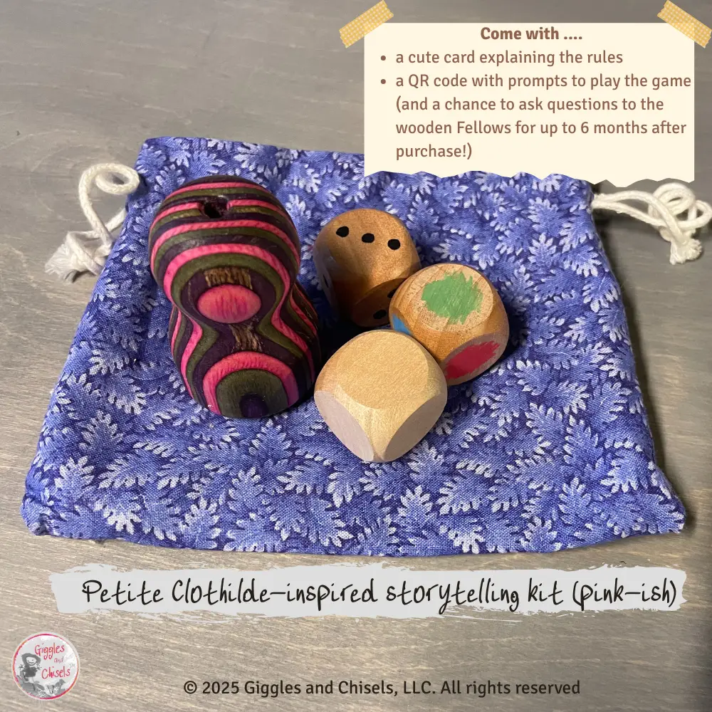 A story telling kit with a lathe-turned creature, and 3 dices