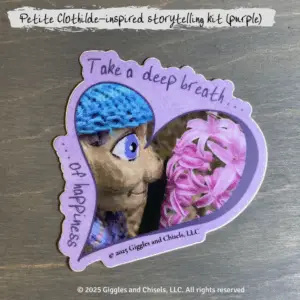 Sticker of a wooden puppet with purple-shade clothes
