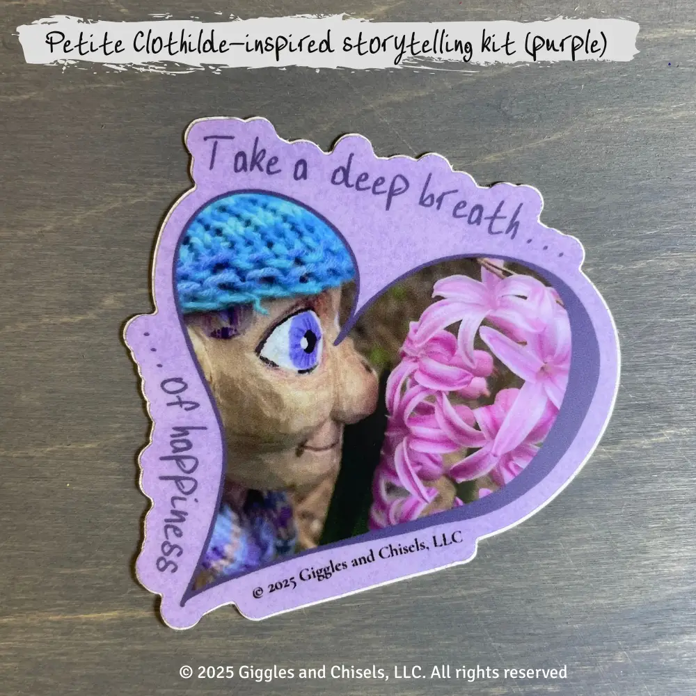 Sticker of a wooden puppet with purple-shade clothes