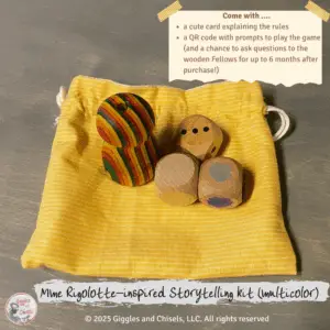 A story telling kit with a lathe-turned creature, and 3 dices