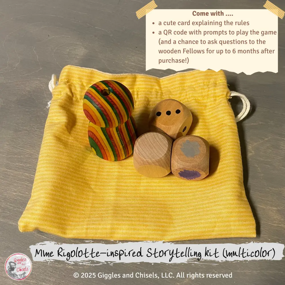 A story telling kit with a lathe-turned creature, and 3 dices