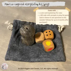 A story telling kit with a lathe-turned creature, and 3 dices