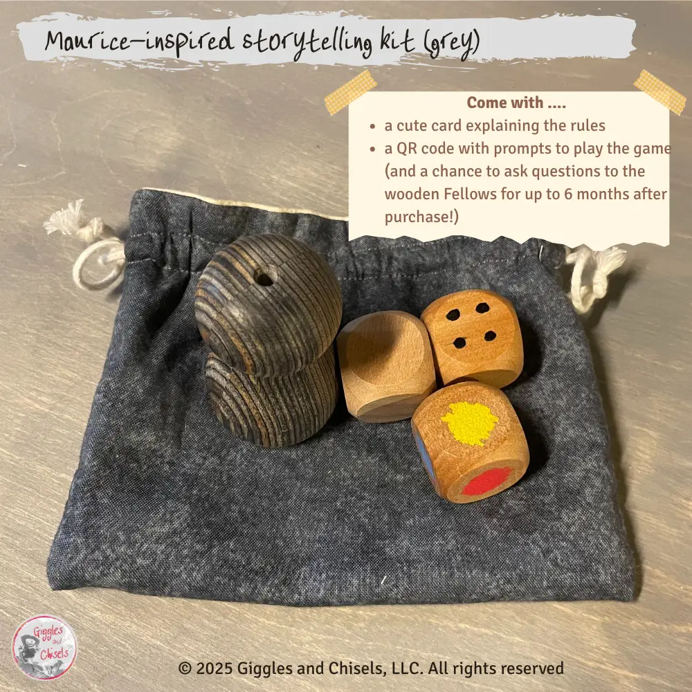 A story telling kit with a lathe-turned creature, and 3 dices