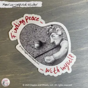 Sticker of a wooden puppet with grey-shade clothes