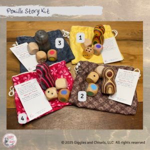 A story telling kit with a lathe-turned creature, and 3 dices