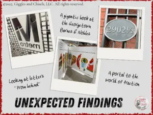 A collage of three pictures, letters in the metro, a big book on display, and a street number with a fraction